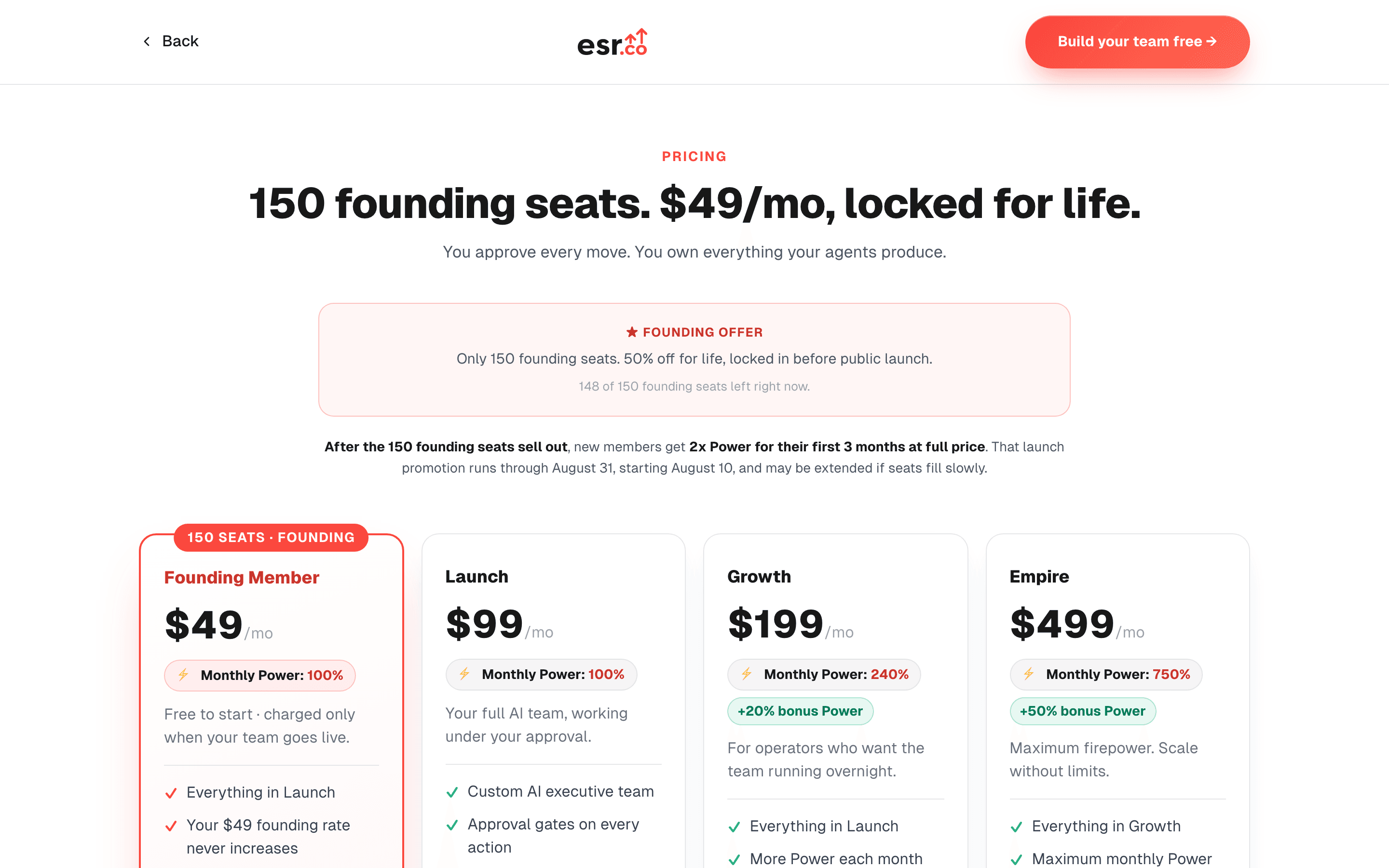 Pricing: screenshot of the running esr.co application