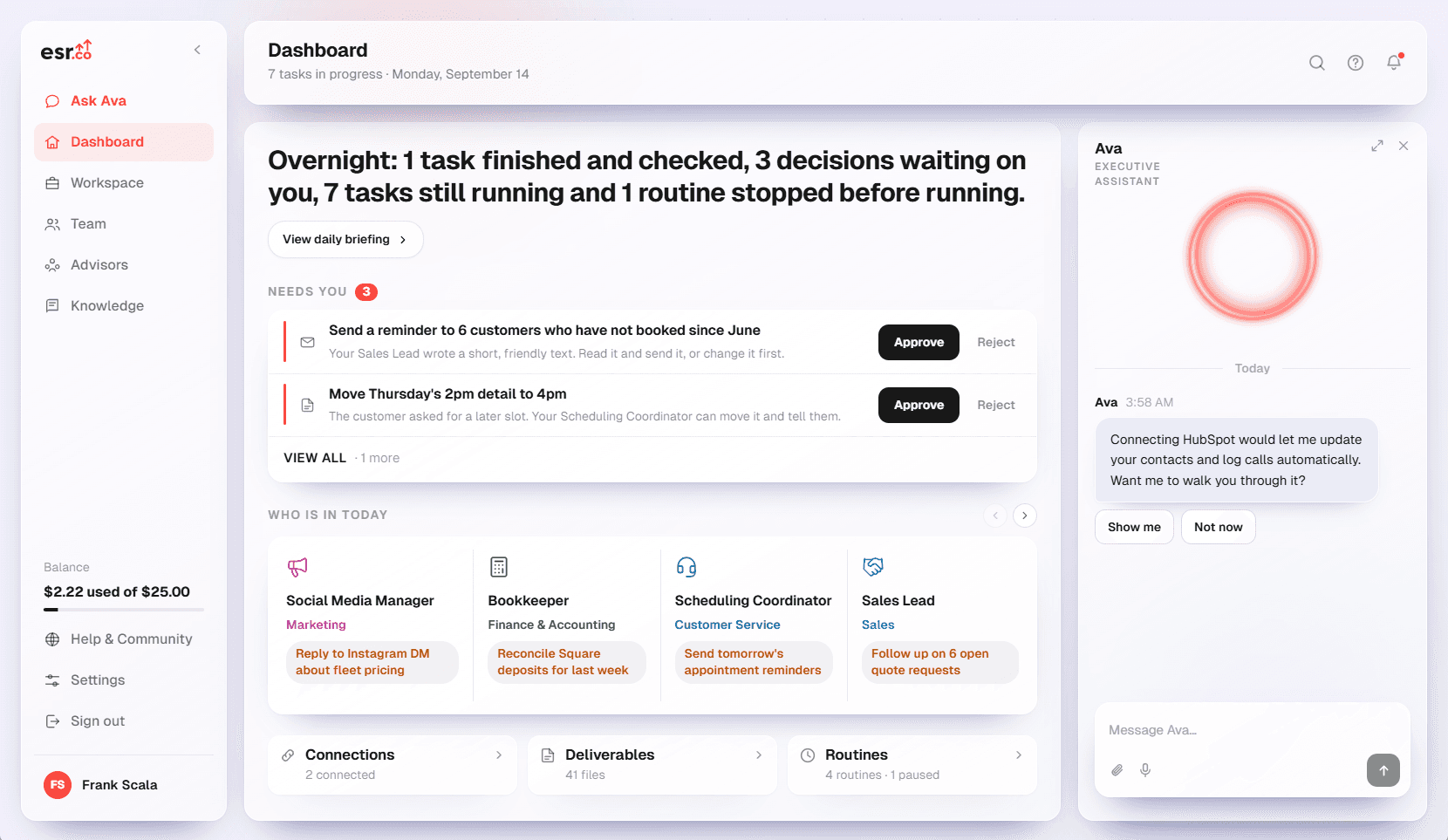 ESR Portal dashboard showing the Work tab with active tasks, team activity log, and the Ava assistant chat panel